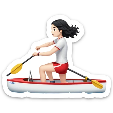 girl with long black wavy hair, white skin, wearing red shorts and white short-sleeve t-shirt, doing Olympic rowing in a long thin racing boat, facing fully right, slightly from a distance sticker