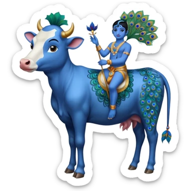 Krishna standing with a cow, blue skin, peacock feather sticker