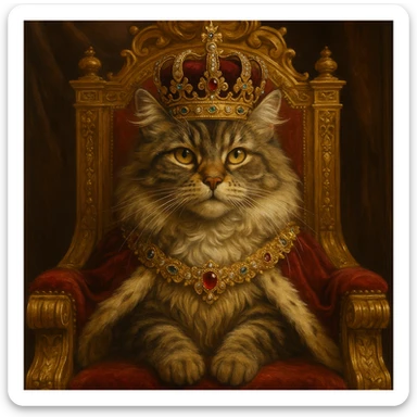 queen cat, majestic feline with jeweled crown, sitting on a throne, luxurious details sticker