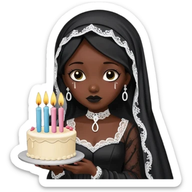 Emoji-style illustration of a cute sarcastic woman, black mourning dress and veil, holding a birthday cake with number 29 candles, ironic expression, RIP 20s theme, flat design, bold outlines, pastel gothic colors, high resolution, clean background, perfect for profile picture sticker