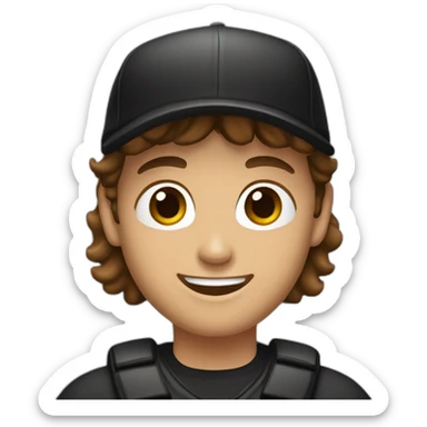 Lady brown haired man, light stubble with black baseball cap, happy sticker