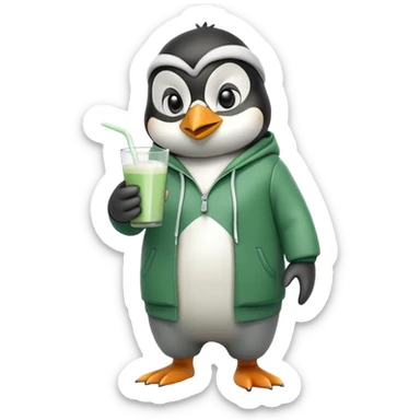 full body portrait of a friendly anthropomorphised penguin wearing a green mafia-style tracksuit, angry, confident scheming stance, holding a glass of milk sticker