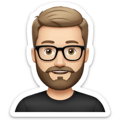Caucasian man with complete beard, short hair styled up, large black eyeglasses, cheerful expression, black athletic shirt sticker