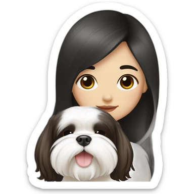 long black hair korean girl with shih tzu in white and brown sticker