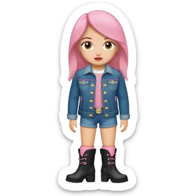 Gordita, ojos pequeños de color cafe oscuro, labios pequeños y rosados, piel trigueña, orejas pequeñas, cabello largo lazio y negro, pequeña. cuerpo completo. vestida con saco jean y botas sticker