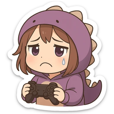 Chibi anime style gamer girl with glasses, brown hair, dark purple eyes, wearing a purple dinosaur costume, making a sad emote, no background, same style as reference. sticker