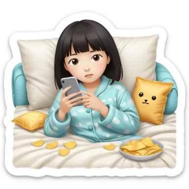 Cute East Asian girl, soft fair skin, straight bangs, messy inward bob. Wearing fluffy pajamas, lying on couch under blanket, holding chips and phone, expression blank and tired. sticker