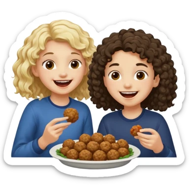 Ragazza bionda leggermente riccia e lunghi che ride ad un ragazzo con i capelli ricci scuri mentre mangia polpette sticker