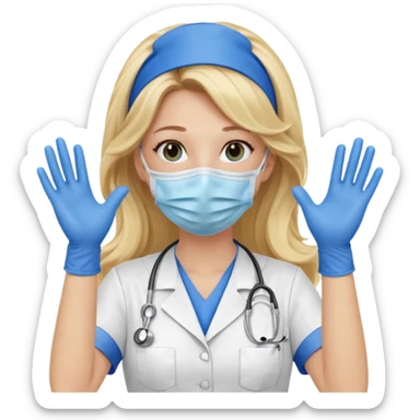 enfermera rubia con pelo largo sin balaca en el pelo, con mascarilla y guantes azules las dos manos arriba sticker