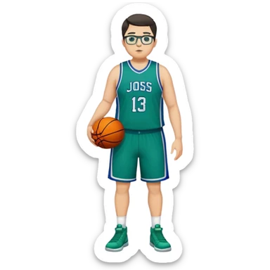 Full Body tall plus size white male with dark short hair basketball player wearing glasses wearing blue green uniform sticker