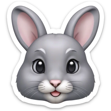 Cinematic Cute Grey Rabbit Portrait Emoji, Head tilted playfully and inquisitively, featuring a silky, smooth grey fur with soft, velvety textures, round, sparkling grey eyes filled with curiosity, Simplified yet irresistibly adorable features, highly detailed, glowing with a warm, friendly glow, high shine, affectionate and gentle, stylized with a touch of whimsy, bright and endearing, soft glowing outline, capturing the essence of a mischievous yet loving bunny, so playful it feels like it could hop out of the screen and into your arms! sticker