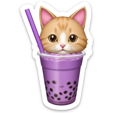a cat drinking a purple bubble tea sticker