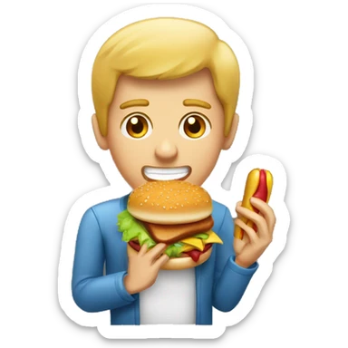 Guy eating a hamburger and a corn dog sticker