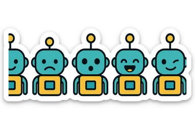 Create a variety of emojis for a tech bot base with happy, sad, surprised, laughing, and winking expressions. Maintain a minimalistic, geometric, clean style with subtle tech details. Use a transparent background. sticker
