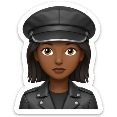 a leather Dom lesbian woman in her 40s with a black leather cap and black leather jacket sticker