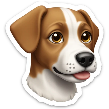 Small brown and white dog with short floppy ears and short snout and black collar sticker