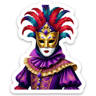 Venice Carnival performer – Cinematic Realistic Venice Carnival Performer, depicted in an opulent, elaborately masked costume with rich textures, vibrant colors, and dramatic, soft lighting, set against the historic backdrop of Venetian canals, capturing the mystery and extravagance of the carnival. sticker