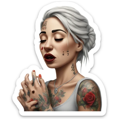 Hyper Realistic Beautiful tattooed woman crying holding a broken heart sticker