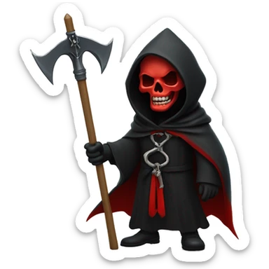 grim reaper wearing a black robe with a red inside. wearing a thorn crown. holding a bloody scythe in his left hand. holding a all black trident in his right hand. sticker