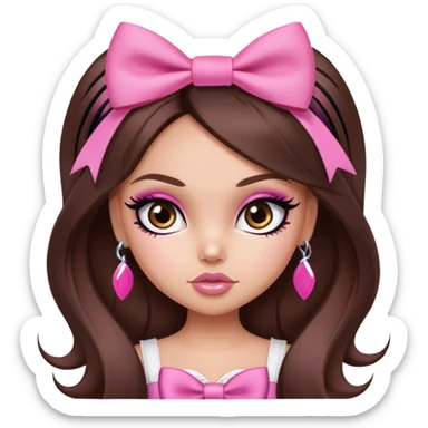 pretty bratz baddie, pink bow long hair brunette baddie with eyeliner and brown eyes sticker
