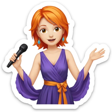 singer, Middle age, orange hair, happy, holding mic, wearing dress sticker