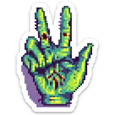 zombie hand making the peace sign, pixel art style sticker