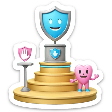 Minimalist 3D emoji-style podium with 2 steps on a green chroma key background. Step 1 (higher) features a handshake icon with blue neon glow. Step 2 (lower) features a smiling tooth with a shield icon and pink neon glow. Clean rendering, soft colors, uniform lighting sticker