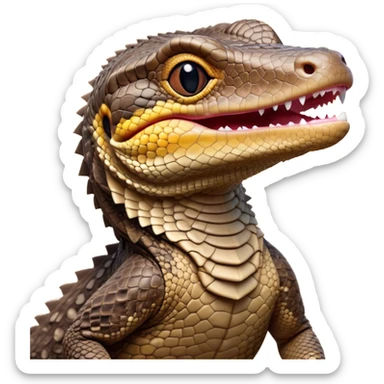 Cinematic Cute Yawning brown camo spotted monitor Lizard Portrait Emoji, Head tilted slightly with a dramatic, wide-open yawn, showcasing textured, patterned scales and sleepy, half-closed eyes exuding relaxed charm, Simplified yet irresistibly adorable features, highly detailed, glowing with a soft, cozy glow, high shine, relaxed yet expressive, stylized with a dash of whimsical wildness, soft glowing outline, capturing the essence of a drowsy yet affectionate reptile that appears ready to stretch out for a nap! sticker