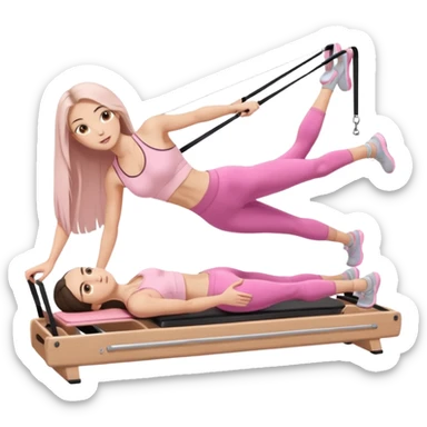 pretty white brunette teen long hair with hazel eyes and a small waist in light pink workout clothes in a plank on a pilates reformer sticker