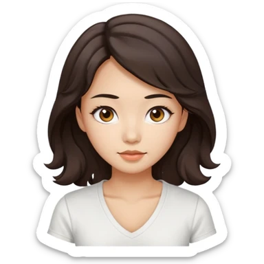 iOS style emoji. A girl with very long dark brown wavy hair. And the eyes color is dark brown. And she is wearing white t shirt with V kneck. And she is 30. She is Asian with double eyelids  sticker