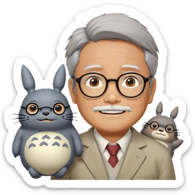 _cinematic-realistic-portrait-of-hayao-miyazaki,-depicted-with--large-rectangular-glasses,-his-happy-expression-rendered-in-lifelike-detail,-illuminated-with-soft,-realistic-lighting-that-emphasizes-his-creative-genius, with totoro sitting on this shoulder  sticker