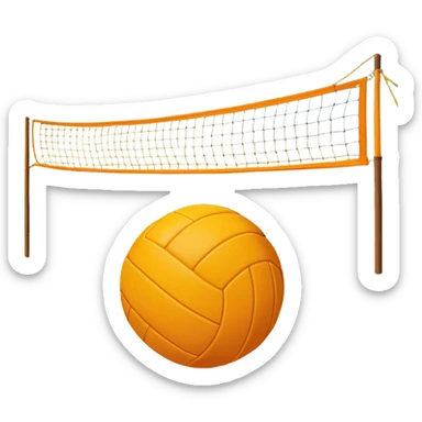 A volleyball resting on the yellow sand on a beach, with the net in the background and a scenic view of the ocean and sky. The scene captures the relaxed yet competitive vibe of beach volleyball, with warm sunlight and the natural beauty of the beach. sticker