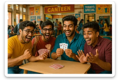 Add a bustling Indian college canteen background while keeping the four students playing tash as the main focus of the image. sticker