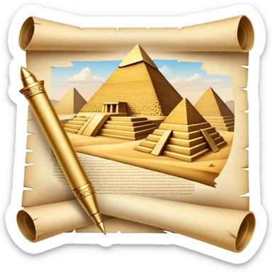 An icon showing a rolled parchment scroll, a quill pen, and ancient landmarks like pyramids and columns in the background. The design symbolizes the study of past civilizations, events, and heritage. Transparent background emphasizes the timeless exploration of human history. sticker