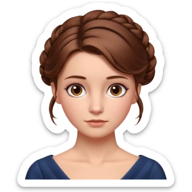 Cinematic Emma Darcy Realistic Portrait, depicted with lifelike skin texture, subtle rosy undertones, and soft natural lighting that enhances the gentle contours of her face. Her intricately detailed brown hair is elegantly styled in an updo, sticker