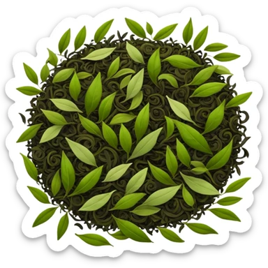 loose leaf tea, small pile, curled and broken leaves, dark brown, black, green, olive, dry and lightweight, fine texture, organic, minimal, no faces sticker