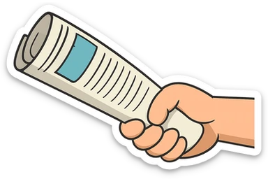 Create a cartoon style illustration of a hand holding a rolled up newspaper, matching the pose and perspective of the reference image. The background should be transparent. The image should show only the hand and the newspaper, with no person visible. The style should be consistent with flat toon style, emphasizing clear shapes and vibrant colors. sticker