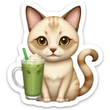 Happy Siamese Cat holding in its front two paws an iced matcha latte sticker