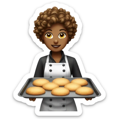 curly female pastry chef standing up holding a baking tray sticker