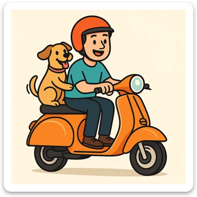 vector art of a man and his pet dog riding a vespa, for website design  sticker