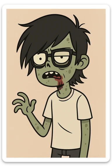 zombie boy with long black emo hair, glasses and white shirt, cartoon style sticker