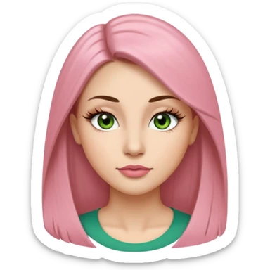 Adult woman avatar, light skin tone, oval face, long straight brown hair, green almond-shaped eyes with dramatic eyelashes and minimal eyeliner, neutral mouth, medium straight eyebrows, small nose, natural pink lips, smooth skin with light natural blush sticker