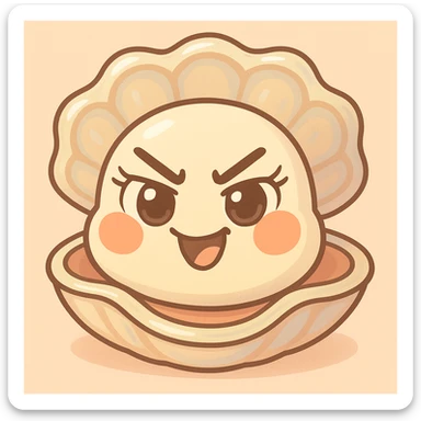 Enhance the oyster's eyes to be more expressive and luminous with pretty eyelashes. Accentuate pastel, pearly, cream, peach, and greige nuances. Keep the shell large and the oyster small. Maintain the pastel toon style, the background, and the mischievous expression. sticker