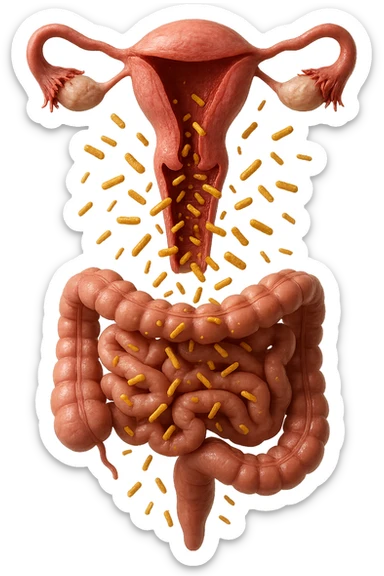 UTERO UMANO E INTESTINO ANATOMICI REALISTICI SONO UNO SOPRA ALL'ALTRO E SI PASSANO I BATTERI A VICENDA, CON BATTERI CHE ESCONO DALL'INTERNO, IPERREALISTICO 4K, NON DISEGNATO sticker