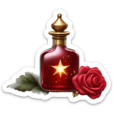 Dark red magic fairy sparkling old Antique oil perfume bottle with herbal and rose flowers sticker