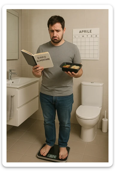 Uomo sulla trentina in piedi su una bilancia in bagno, con espressione delusa e confusa. In mano tiene un diario alimentare e un contenitore per i pasti già preparati, segno che sta seguendo una dieta. Dietro di lui un calendario con settimane segnate, ma senza cambiamenti. Il suo corpo appare identico a prima, senza progressi visibili. La bilancia digitale mostra lo stesso numero. Ambientazione pulita e moderna, toni neutri. Atmosfera di frustrazione e demotivazione, luce soffusa. scrivi tutti i testi in italiano sticker