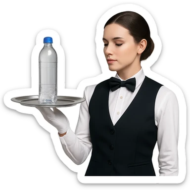 premium water bottle exposed on a premium plate by a high standard waitress sticker
