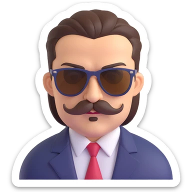 stylish mafia boss, brown slicked-back hair, thick mustache, sunglasses, intimidating presence sticker
