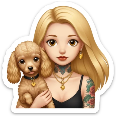 a  girl with glod  straight long hair and tattoos and two miniature poodles sticker