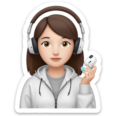 burnette girl listening to music with some AirPods Max sticker